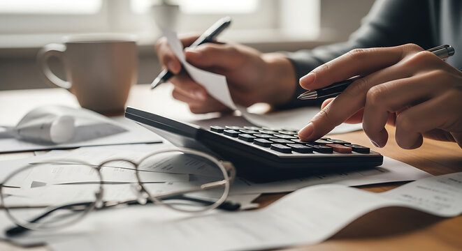 Calculator, pen, and organized financial ledger sheets on desk